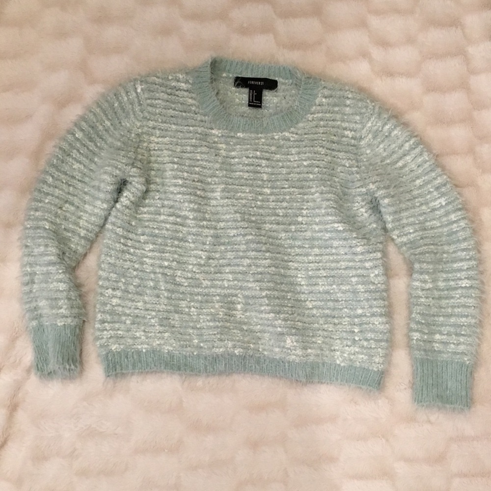 Ice blue and white striped fuzzy sweater